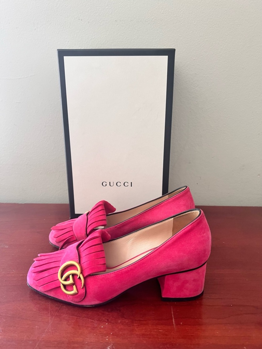 Gucci Pink Suede Marmot Block Heel Pumps Size 36.5